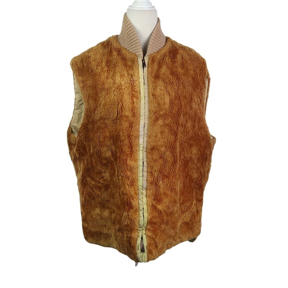 Vintage 70s Brown Faux Fur Tan Quilted Reversible Vest Mens L Hunting Fishing